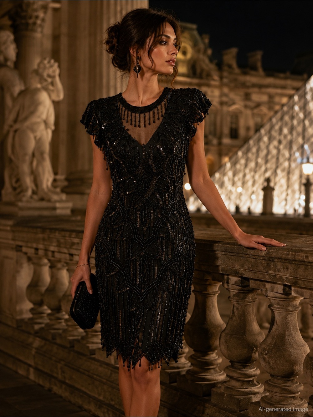 Vintage Lawrence Kazar XL Black Silk Beaded Gatsby Cocktail Evening Dress M